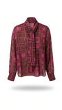 Blouse femme en coton à motifs géométriques violets et marron, création élégante de mode créateur disponible en France