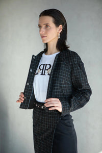 Veste femme bicolore en laine et cachemire avec motif à carreaux bleus